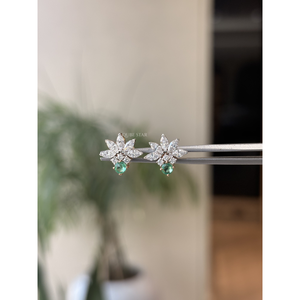 Pendientes de Lujo con Diamantes Cultivados en Laboratorio de 0.75 Ct, Corte Marquesa, Diseño Floral, Acento de Gema Verde, Oro de 14K, Joyería Fina, Regalo para Bodas y Fiestas - Product Image 6