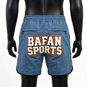 Premium 120 GSM polyester <b>windbreaker</b> shorts men blue denim look training shorts zipper pocket chenille logo Nylon Plain Dyed - Product Image 4