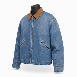 Veste en jean vintage pour homme, fermeture éclair, col en velours côtelé contrastant, style streetwear décontracté, fabricant OEM ODM - Product Image 3
