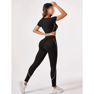Conjunto de 2 Piezas de Leggings de Yoga para Mujer, Diseño Oxford a Rayas de Color Contrastante, Corte Regular, Transpirable, de Secado Rápido, 100% Algodón, Amazing Industries - Product Image 2