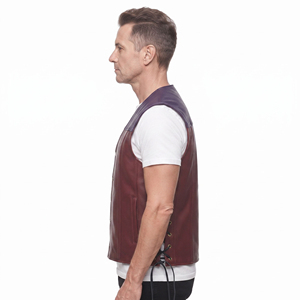 Gilet en cuir véritable pour homme, col en V, blocs de couleur, fermeture éclair, style moto, vêtement d'extérieur pour l'automne, respirant, écologique - Product Image 4
