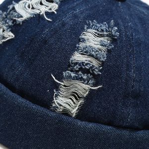 Custom Ripped Distressed Denim Docker <b>Cap</b> <b>Brimless</b> Rolled Cuff Beanie Hat 100% Cotton Adjustable Outdoor OEM Wholesale Unisex - Product Image 6