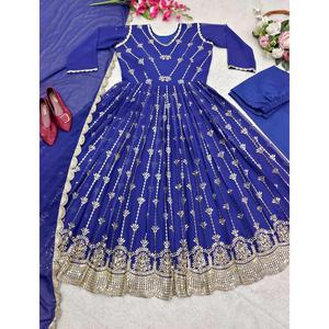 DISEÑADOR GEORGETTE BORDADO SECUENCIA TRABAJO VESTIDO INFERIOR CON DUPATTA AZUL - Product Image 4