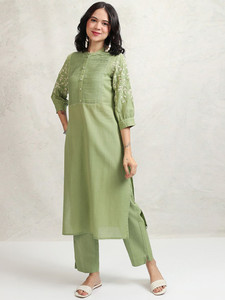 Green Cotton Quick Dry Knee-Length Regular Fit <b>Kurta</b> Set Embroidered Sleeves Pleated Front <b>Women</b> Casual Summer Wear India - Product Image 3