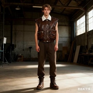 Retro Distressed PU Two-Piece Look Fleece Collar <b>Utility</b> <b>Vest</b>-Men's Winter Outerwear Casual Multi-Pocket Sleeveless Waistcoat - Product Image 5