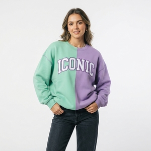 Sweat-shirt décontracté pour femme, hiver, bicolore, col rond, manches longues, épaules tombantes, broderie et imprimé lettres sur le devant - Product Image 2