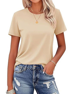 T-shirt à manches courtes col rond orange pour femme, couleur unie, jersey décontracté en coton, haut pour le printemps et l'été - Product Image 4