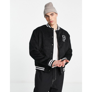Chaqueta Varsity Negra para Hombre con Bordado de Letra P Blanca, Corte Regular, Cuello Camisero, Estilo Casual, Ropa de Otoño - Product Image 1