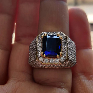 Emerald Cut Blue Sapphire Gemstone <b>Ring</b> 925 <b>Sterling</b> <b>Silver</b> Wedding <b>Ring</b> Big <b>Mens</b> Iced Out <b>Ring</b> Hip Hop Style Statement Jewelry - Product Image 4