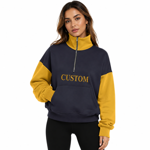 Women Private Label Color <b>Block</b> Quarter Zip Sweatshirt with Front Logo Heavy Fleece Oversized Pullover OEM ODM Supplier Hoodies - Product Image 6