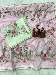 Sari en soie imprimé, sari fantaisie à fleurs, sari en soie douce de créateur, sari floral fait main, sari en soie tabby - Product Image 4