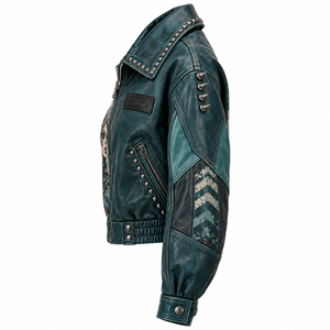 Teal Green <b>Women</b> Genuine Leather Aviator <b>Jacket</b> Custom Graphic Printed Studded Collar Cropped Outerwear OEM Factory Supplier - Product Image 4