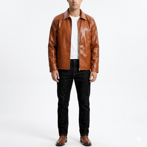 Men's Brown Genuine <b>Leather</b> <b>Jacket</b> Zipper Closure Casual <b>Winter</b> Wear Regular Fit Solid Color Front Logo Breathable Eco-Friendly - Product Image 1