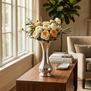 Vase à fleurs de table en laiton et acier inoxydable fait main WB Inc, 26 cm, finition miroir argenté, design sablier, décoration de mariage - Product Image 2