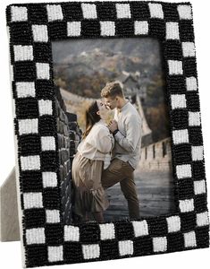 Folkulture Beaded Picture <b>Frame</b> for Wall or Tabletop | B&W Checkered Modern <b>Black</b> & White Photo <b>Frame</b> with Plexiglass - Product Image 5