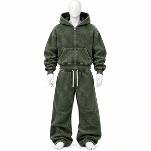 Ensemble de survêtement personnalisé marron délavé, coupe ample, en coton épais, avec sweat à capuche zippé et pantalon large unisexe pour un confort optimal - Product Image 4