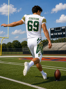 Ensemble d'uniformes de football américain personnalisés blanc, vert, or, maillot sublimé, pantalon, col en V, manches courtes, maille respirante - Product Image 4