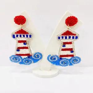 Anting-anting manik biji bendera AS Hari Kemerdekaan anting-anting manik-manik wanita warna merah putih dan biru anting-anting gaya