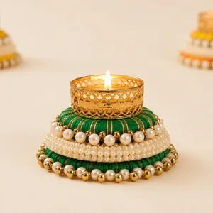 Handmade Round Beaded <b>Tea</b> <b>Light</b> <b>Holder</b> with Pearl Trim Gold Candle Stand Wall Mounted for Christmas & Easter Home Decoration - Product Image 5