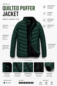 Chaqueta Acolchada Verde Oscuro para Hombre con Forro de Piel Sintética, Cierre de Cremallera Resistente al Viento, Abrigo Casual de Invierno, Corte Regular, Cuello Alto - Product Image 2