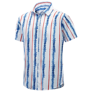 Chemise décontractée pour homme à manches courtes, style hawaïen, rayée bleu, rouge et blanc, col rabattu, en popeline respirante, polyester, pour l'été - Product Image 3