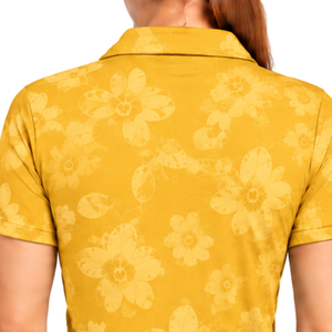 Golden Yellow Women's Short Sleeve Floral Printed Polo Shirt Breathable Knitted Performance <b>Golf</b> <b>Top</b> Casual Style - Product Image 4