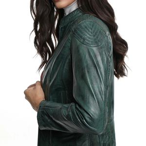 Chaqueta de Motociclista de Cuero Genuino para Mujer, Manga Larga, Cierre de Cremallera, Color Verde Sólido, Ropa de Abrigo Otoñal, Corte Regular - Product Image 5