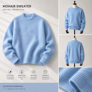 Pull en mélange de mohair bleu clair pour homme, anti-rides, à rayures vintage, à manches régulières, tricoté, standard, pour l'hiver - Product Image 5