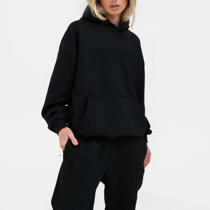 Sweat-shirt et pull à capuche personnalisés pour femme, en coton molletonné noir, avec épaules tombantes, poche frontale, manches et ourlet côtelés – Vente en gros - Product Image 1
