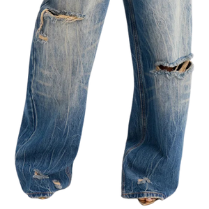 Jean en denim délavé pour femme, taille mi-haute, coupe droite, détails déchirés, style streetwear décontracté, coupe ample, bleu, pantalon tendance - Product Image 5