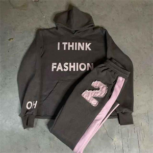 Custom Streetwear Cotton Sweatsuit Cut <b>Sew</b> Applique Distressed Embroidery Patch Cropped Hoodie and Sweatpants <b>Set</b> Tracksuits - Product Image 4