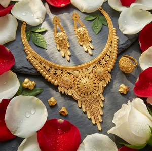 Divyoro - Juego de Collar y Pendientes de Aleación de Cobre con Baño de Oro, Diseño Clásico con Patrón de Flor Dorada para Mujer, Longitud Ajustable, para Boda, 29g - Product Image 4