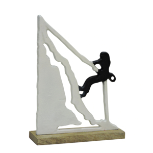 Sculpture d'alpiniste en aluminium artisanale sur socle en bois - Statue moderne d'escalade sur rocher, décoration d'intérieur, figurine 12,5 pouces - Product Image 1