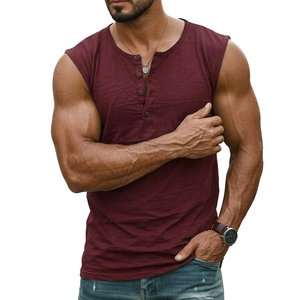 Débardeur Henley personnalisable en coton slub pour homme, style streetwear, sans manches, vente en gros, vêtements de sport, débardeurs - Product Image 5