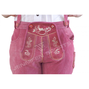 Shorts en cuir suédé rose bavarois pour femmes, sous le genou, avec bretelles, taille haute, motif floral brodé, style vintage - Product Image 3