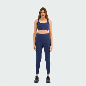 Women's Navy Blue 2 Piece Yoga Set Seamless High Waist <b>Leggings</b> Scoop Neck Racerback <b>Crop</b> Top Full Solid Activewear Spandex Soft - Product Image 5