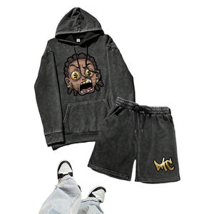 Ensemble sweat à capuche et short personnalisés OEM, effet délavé, usé et vintage, avec impression en relief, pour homme - Product Image 1