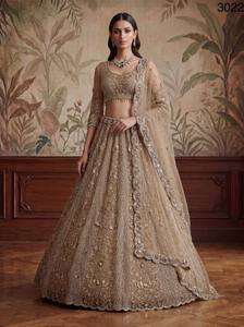 Lehenga Choli beige con bordado de red, lentejuelas y zari, vestido étnico de boda para mujer, traje de fiesta. - Product Image 1