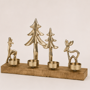 Handcrafted Metal Reindeer and Pine <b>Tree</b> Christmas Candle Holder With Mango Wood Base Antique Gold Finish <b>Tabletop</b> Tealight - Product Image 5