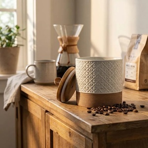Artisan Ceramic <b>Kitchen</b> Canister Wooden Seal Lid Textured <b>Storage</b> Jar Freshness Lock Counter Organizer Luxury Farmhouse Accent - Product Image 3