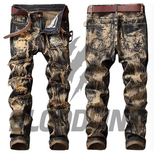 BLOODLINE Men's Black Ripped Distressed <b>Denim</b> Jeans Straight Leg Slim Fit High Waist Cotton Punk Style Autumn Wear - Product Image 2