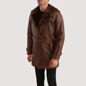 Plus Size Men Genuine Leather Waterproof Winter Trench Coat Long Sleeve Belted Fur Trim Outerwear Casual Streetwear - Product Image 2