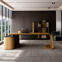 Bureau de direction moderne incurvé avec plateau en bois veiné arrondi, rangement latéral, autoportant, usage commercial pour bureaux de direction