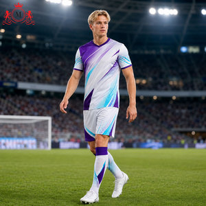 Ensemble maillot et short de football personnalisé violet et blanc par sublimation, en polyester respirant, uniforme de football pour adulte, détection par aiguille - Product Image 6