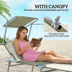 Cream White Outdoor <b>Pool</b> Folding <b>Tanning</b> Lounge Chair with Sun Shade Aluminum Frame and Olefin Cushion for Poolside Use - Product Image 6