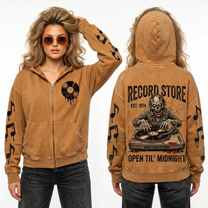 Sweat-shirt à capuche zippé personnalisé pour femme, motif vintage disquaire, zombie et notes de musique sur les manches, fabricant de vêtements - Product Image 1