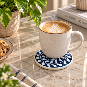 <b>Blue</b> Leaf Inlay Coaster Set with Holder for Tea Coffee Cups | Round Decorative Drink <b>Mats</b> for Dining <b>Table</b> Home Decor and Gifts - Product Image 4