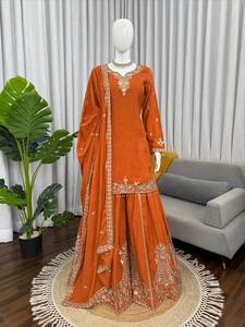 Conjunto Sharara Bordado Naranja para Mujer, Kurti, Dupatta, Traje Tradicional Indio Pakistaní para Bodas y Fiestas - Product Image 1