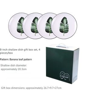 Assiettes peu profondes en céramique motif plantes vertes naturelles, qualité supérieure, lot de 4, écologiques, en stock, coffret cadeau durable - Product Image 1