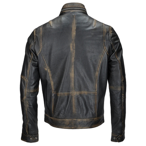 Veste moto en cuir véritable pour homme, col montant, fermeture éclair, coupe classique, style automne, couleur noire unie - Product Image 2